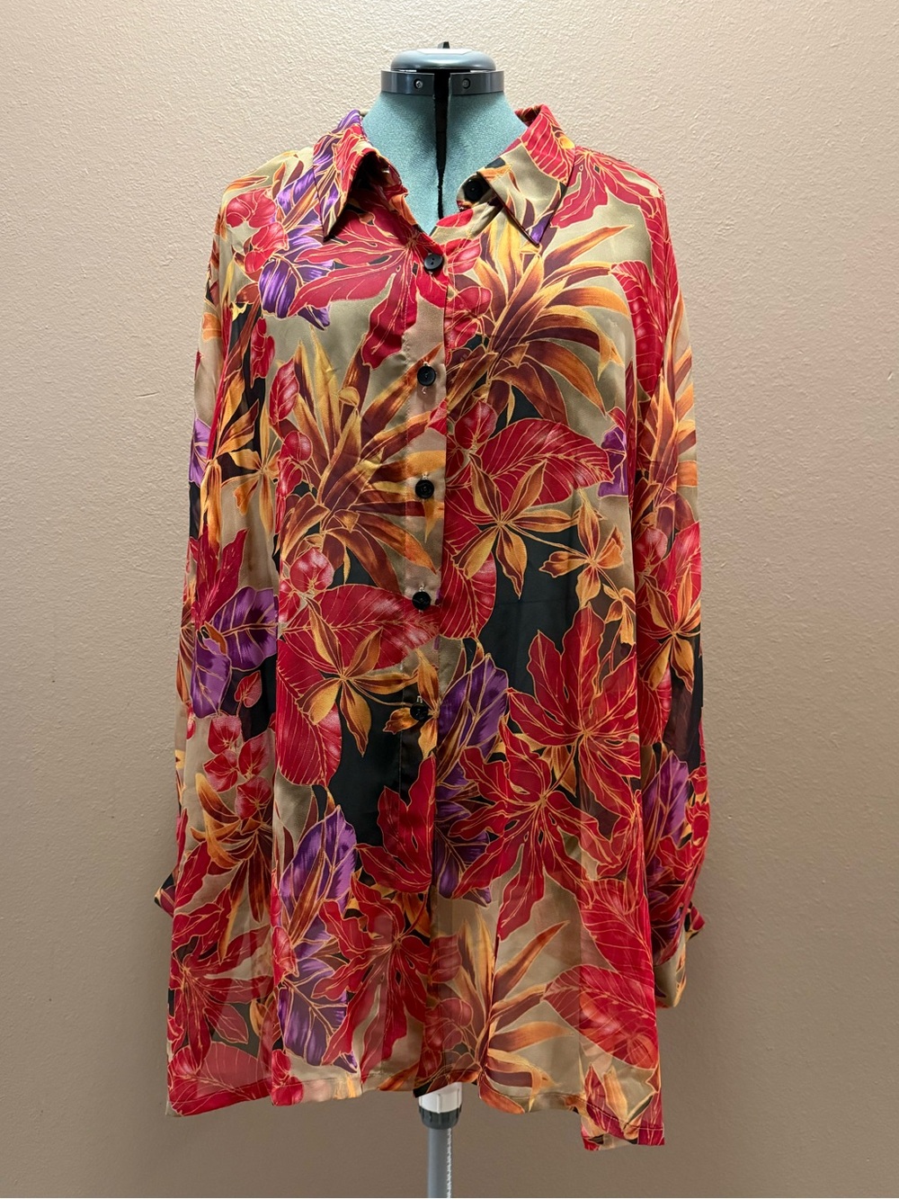Vintage Avenue Sheer Floral Button Up Blouse Oversized Boho Fall Size 30/32